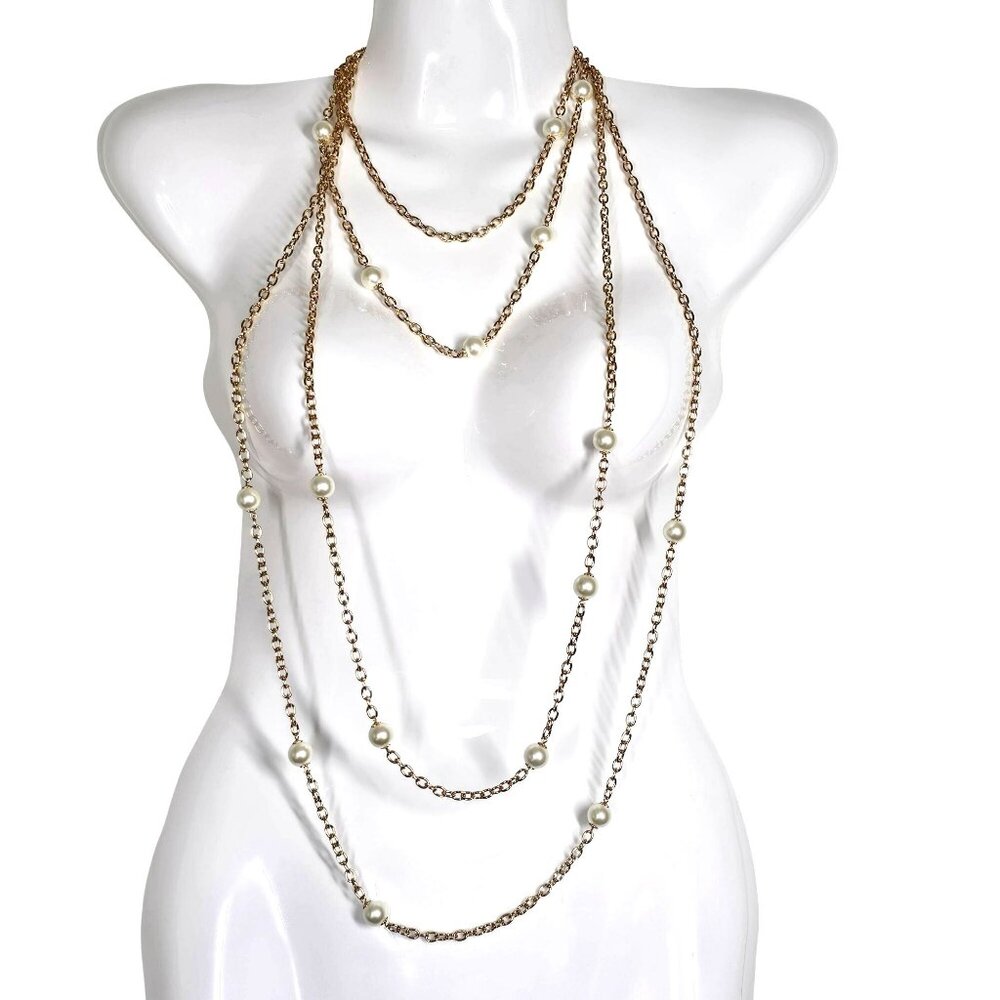 NWT Kenneth Jay Lane Gold-Tone Multi-Strand Chain‎ Necklace Faux Pearls 22" in